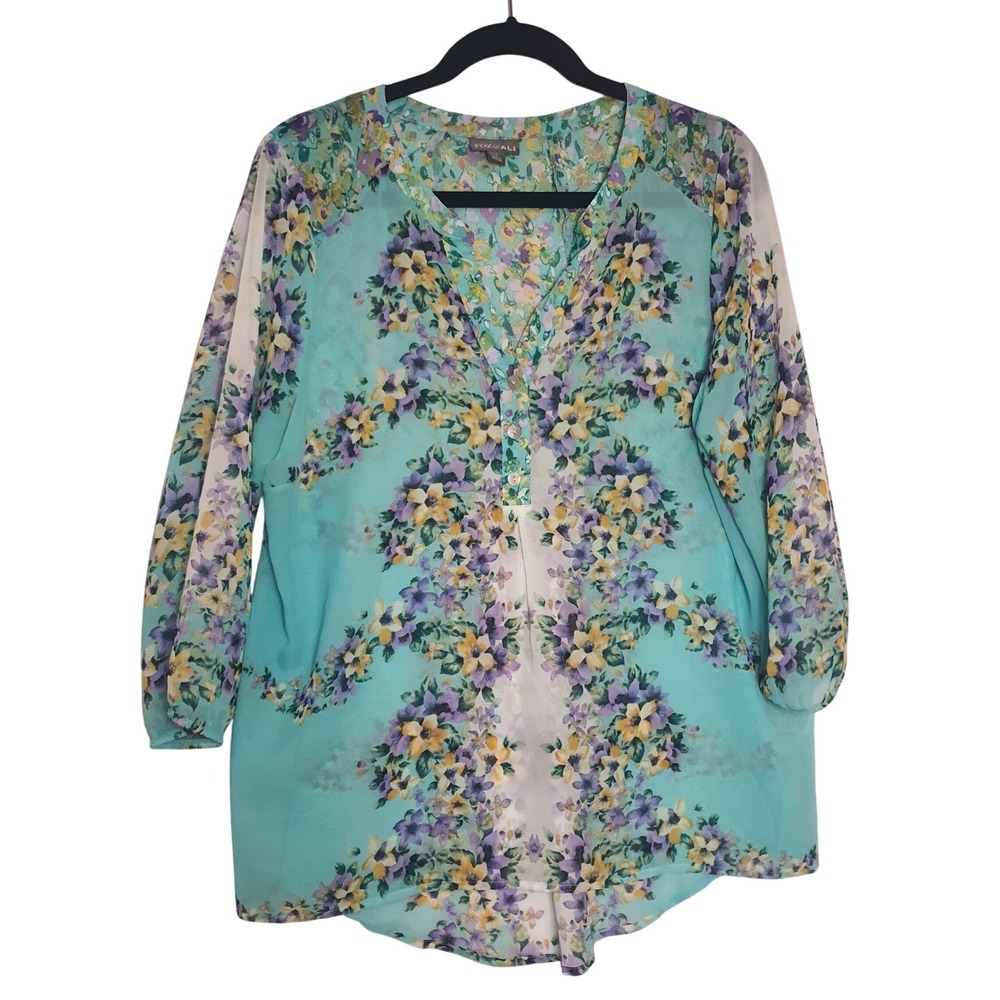 Roz & Ali Womens Large Floral Chiffon Blouse Turquoise V-Neck 3/4 Sleeve